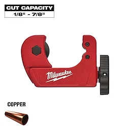 The image features a Milwaukee Copper Tubing Cutter, which has a cutting capacity ranging from 1/8 inch to 7/8 inch. The cutter is red with the Milwaukee logo and is designed for cutting copper tubing.