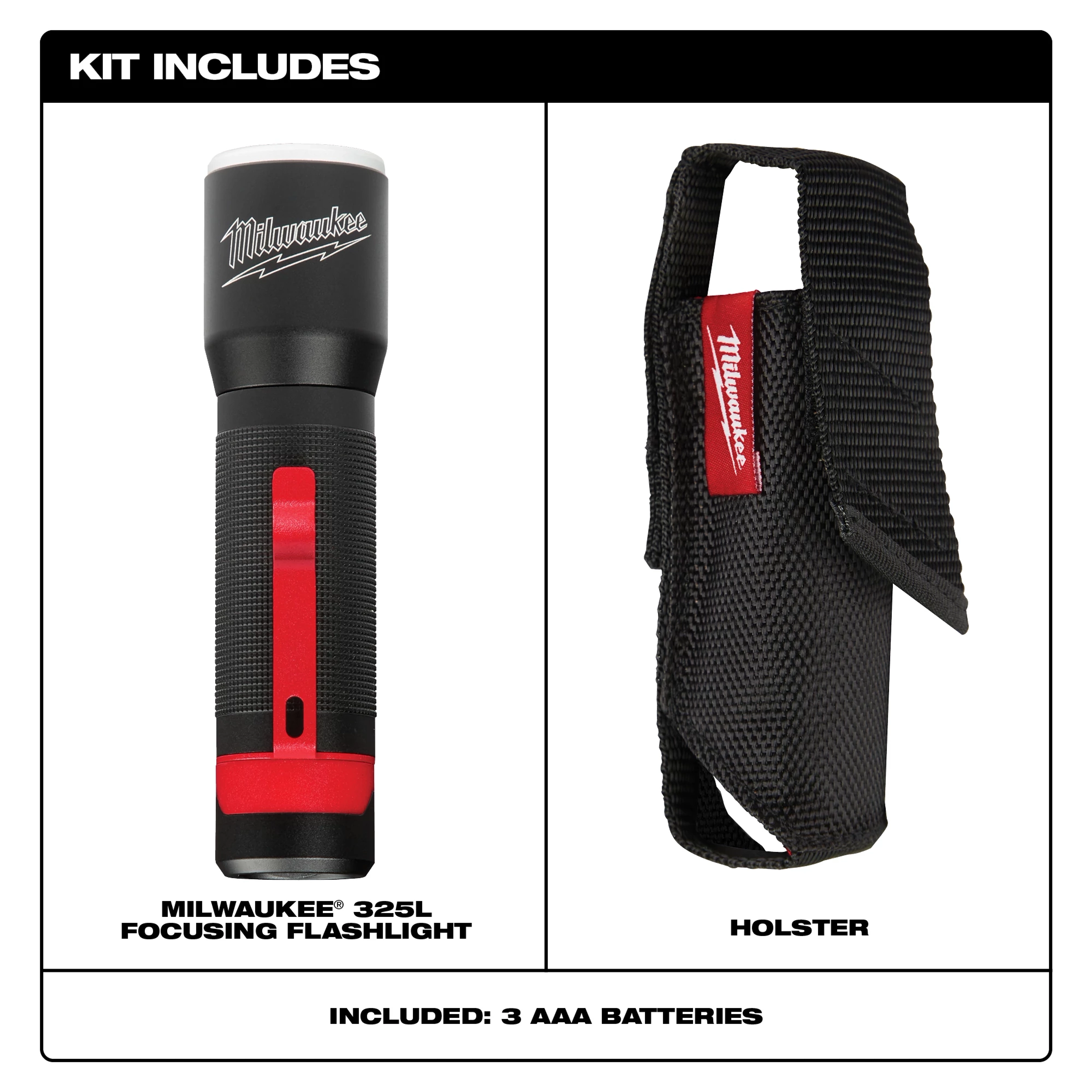 The Kit Includes a Milwaukee 325L Focusing Flashlight, a holster, and three AAA batteries.