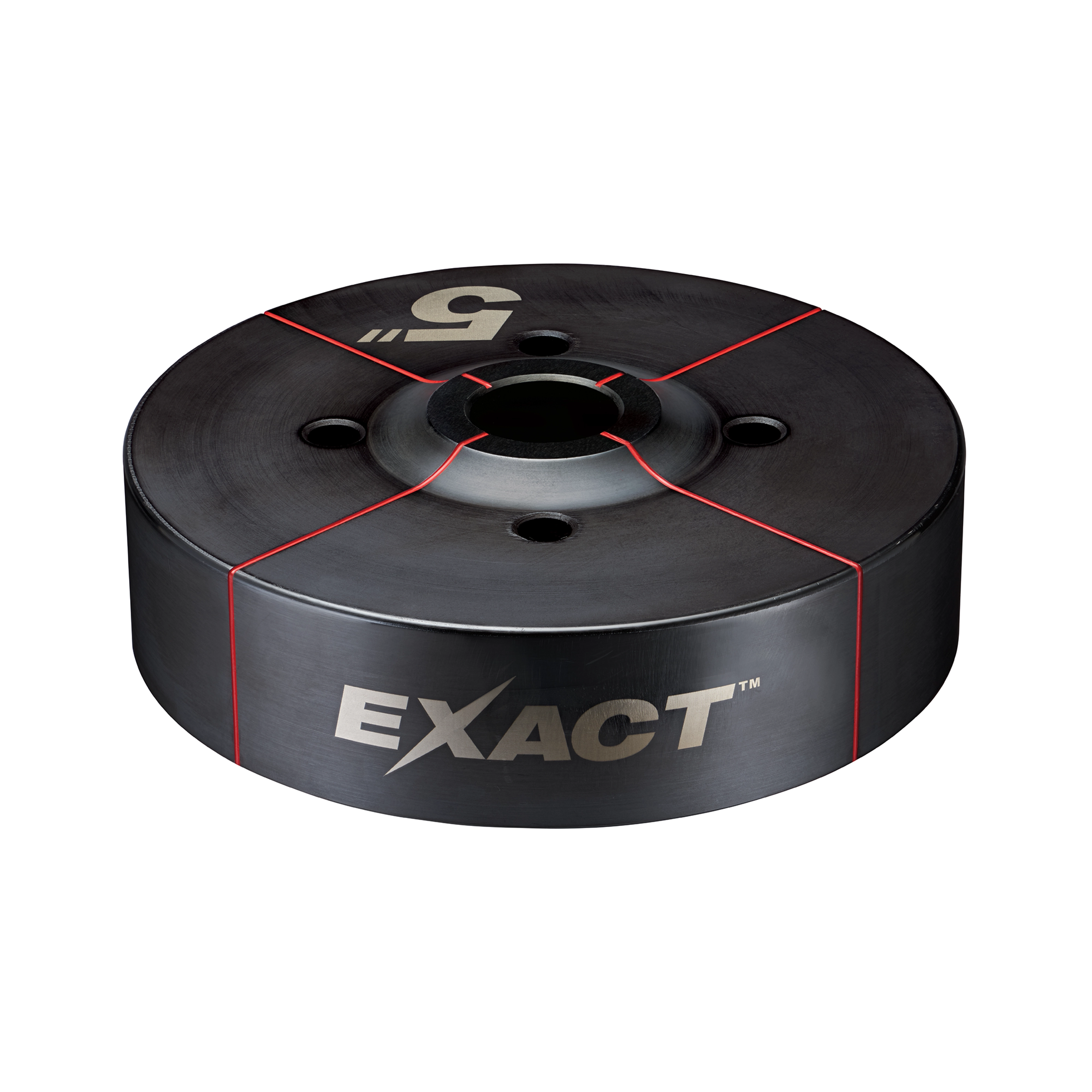 Exact™ 5" Conduit Knockout Die is a black, cylindrical metal tool used for creating clean, precise holes in conduit materials. The die features red alignment markings and three bolt holes, with the "Exact" brand name printed in silver.