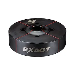 Exact™ 5" Conduit Knockout Die is a black, cylindrical metal tool used for creating clean, precise holes in conduit materials. The die features red alignment markings and three bolt holes, with the "Exact" brand name printed in silver.