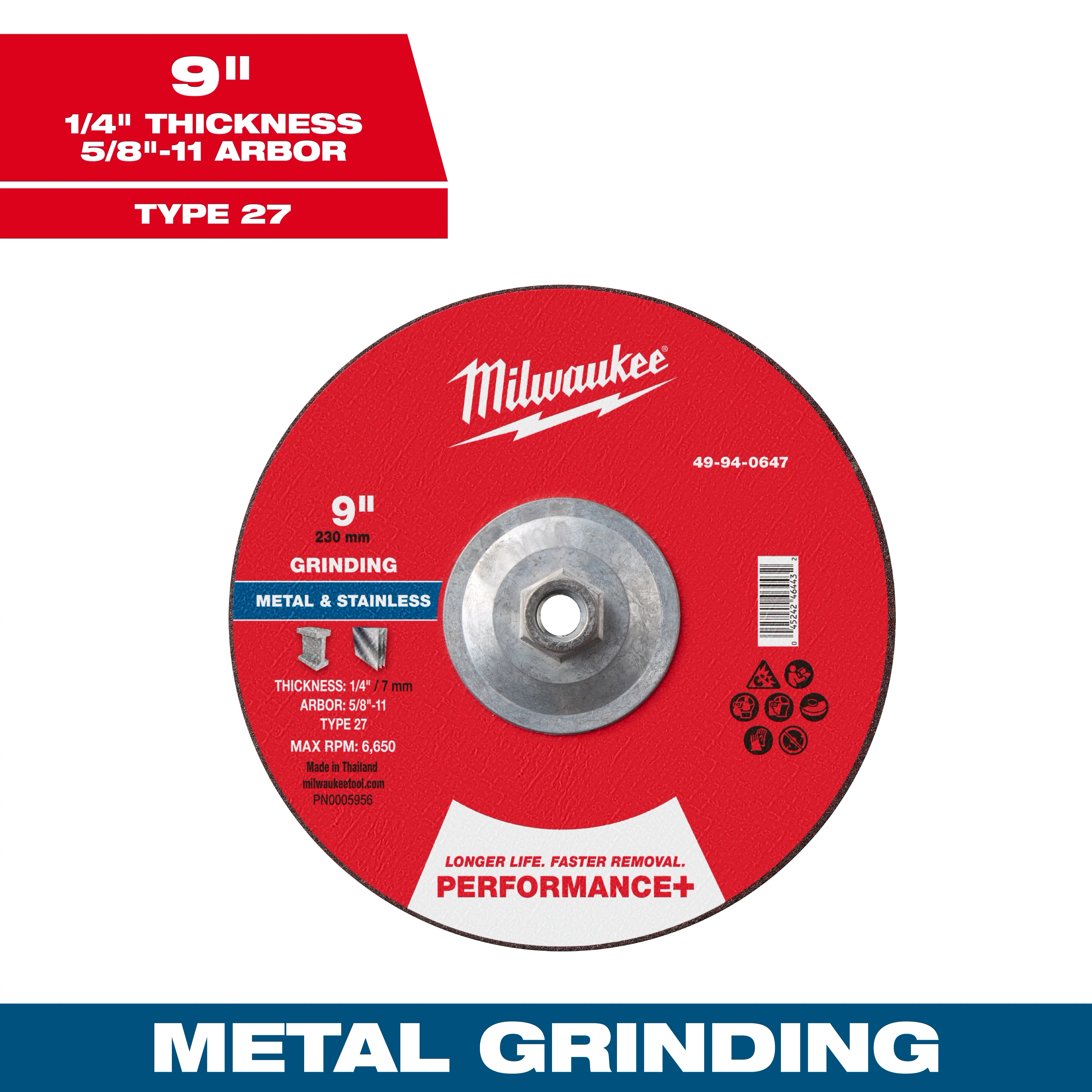9" x 1/4" x 5/8"-11 Performance+ Metal Grinding Wheel - Type 27, red with central hole, suitable for metal and stainless.