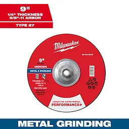 9" x 1/4" x 5/8"-11 Performance+ Metal Grinding Wheel - Type 27, red with central hole, suitable for metal and stainless.