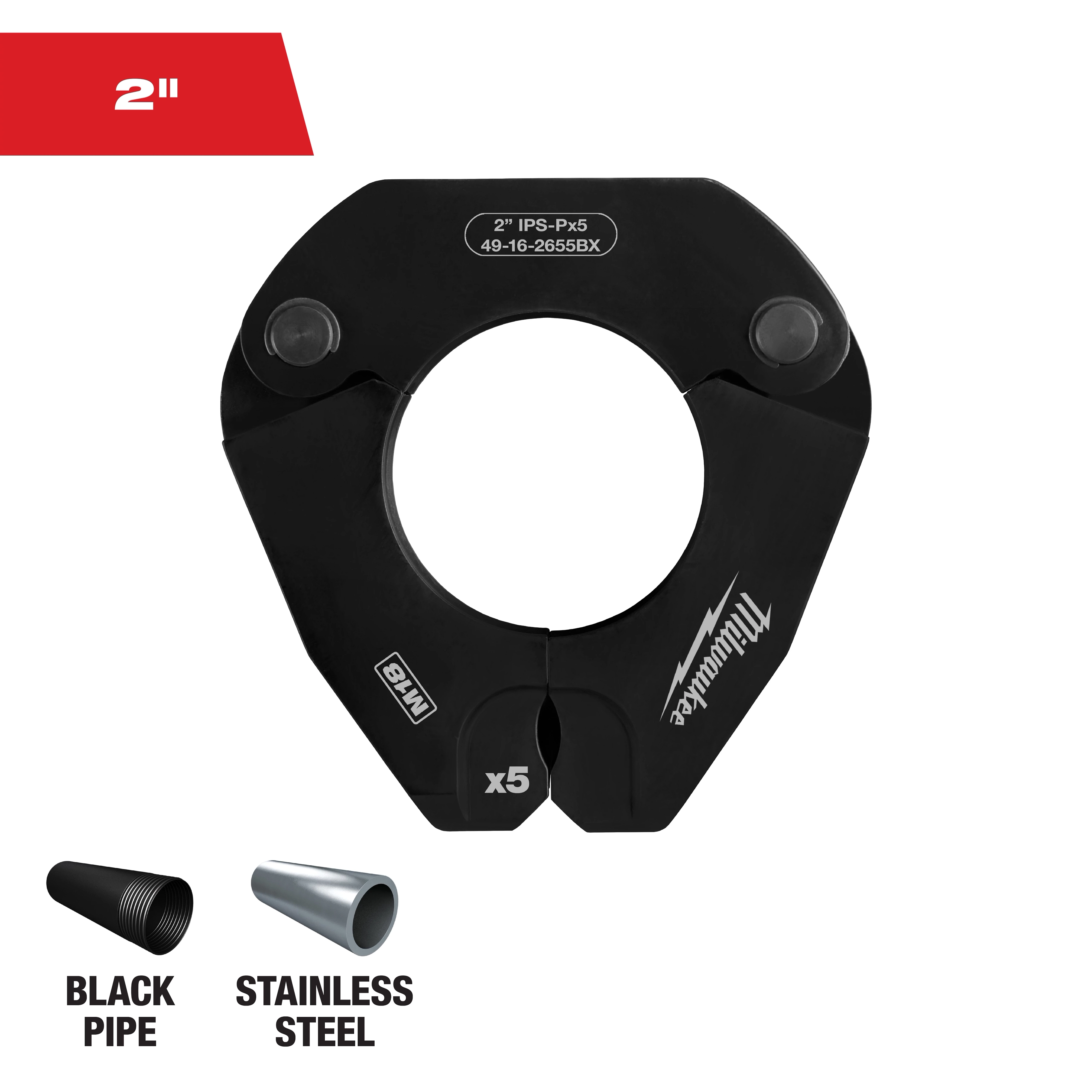 The image shows a 2-inch Milwaukee pipe jaw for 2-inch IPS-Px5 with a black matte finish. Below it are illustrations of black pipe and stainless steel pipe, indicating compatibility. The red rectangle in the top left corner also reads "2"".
