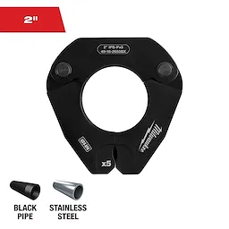 The image shows a 2-inch Milwaukee pipe jaw for 2-inch IPS-Px5 with a black matte finish. Below it are illustrations of black pipe and stainless steel pipe, indicating compatibility. The red rectangle in the top left corner also reads "2"".