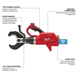 Red M18™ FORCE LOGIC™ 3” Underground Cable Cutter with black and silver cutting head. Features include top handle layout, fixed handle, 340° head rotation, hook ring, and ONE-KEY™ compatibility for tool tracking and inventory management. Labels highlight these features on the product.
