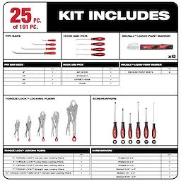 191 PC Mechanic's Tool Set contents include pry bars, hooks and picks, paint markers, locking pliers, and screwdrivers.