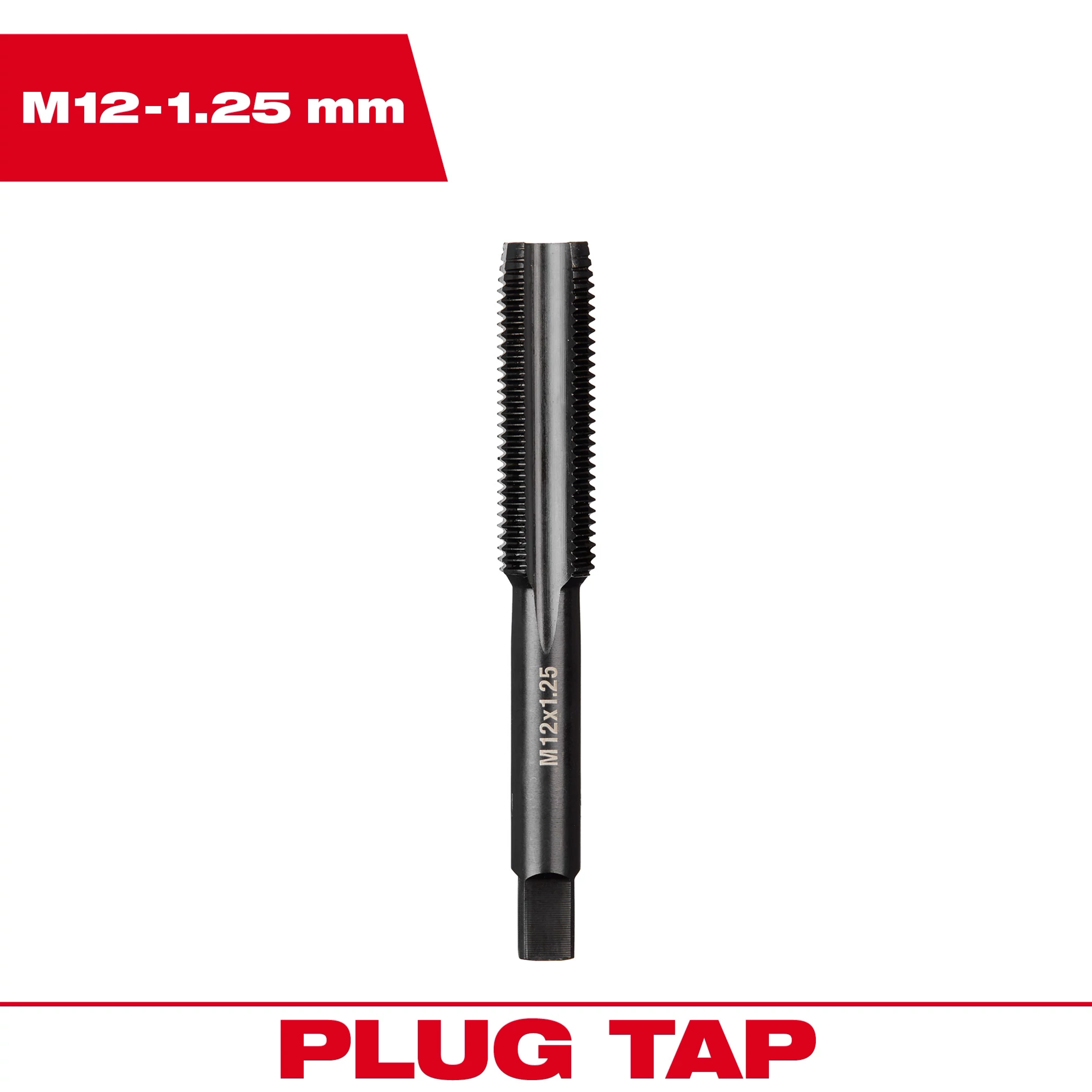 M12-1.25 20mm Straight Flute Plug Tap, a metal tool used for cutting internal threads in a cylindrical hole.