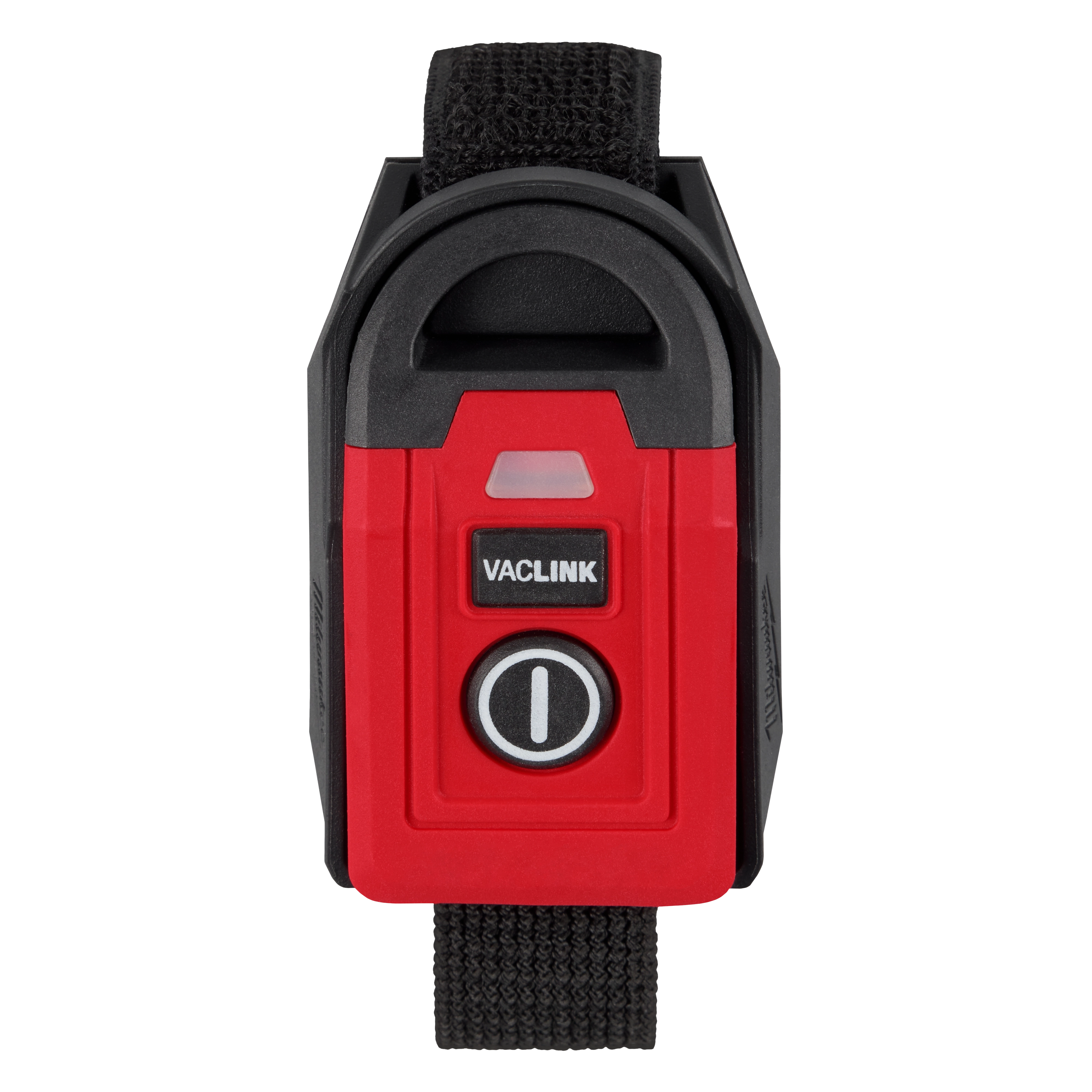 The VACLINK™ Wireless Dust Control Remote is a compact, red and black device with a single power button and a small LED indicator. The remote features a strap for easy attachment and portability.