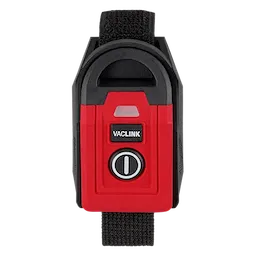 The VACLINK™ Wireless Dust Control Remote is a compact, red and black device with a single power button and a small LED indicator. The remote features a strap for easy attachment and portability.