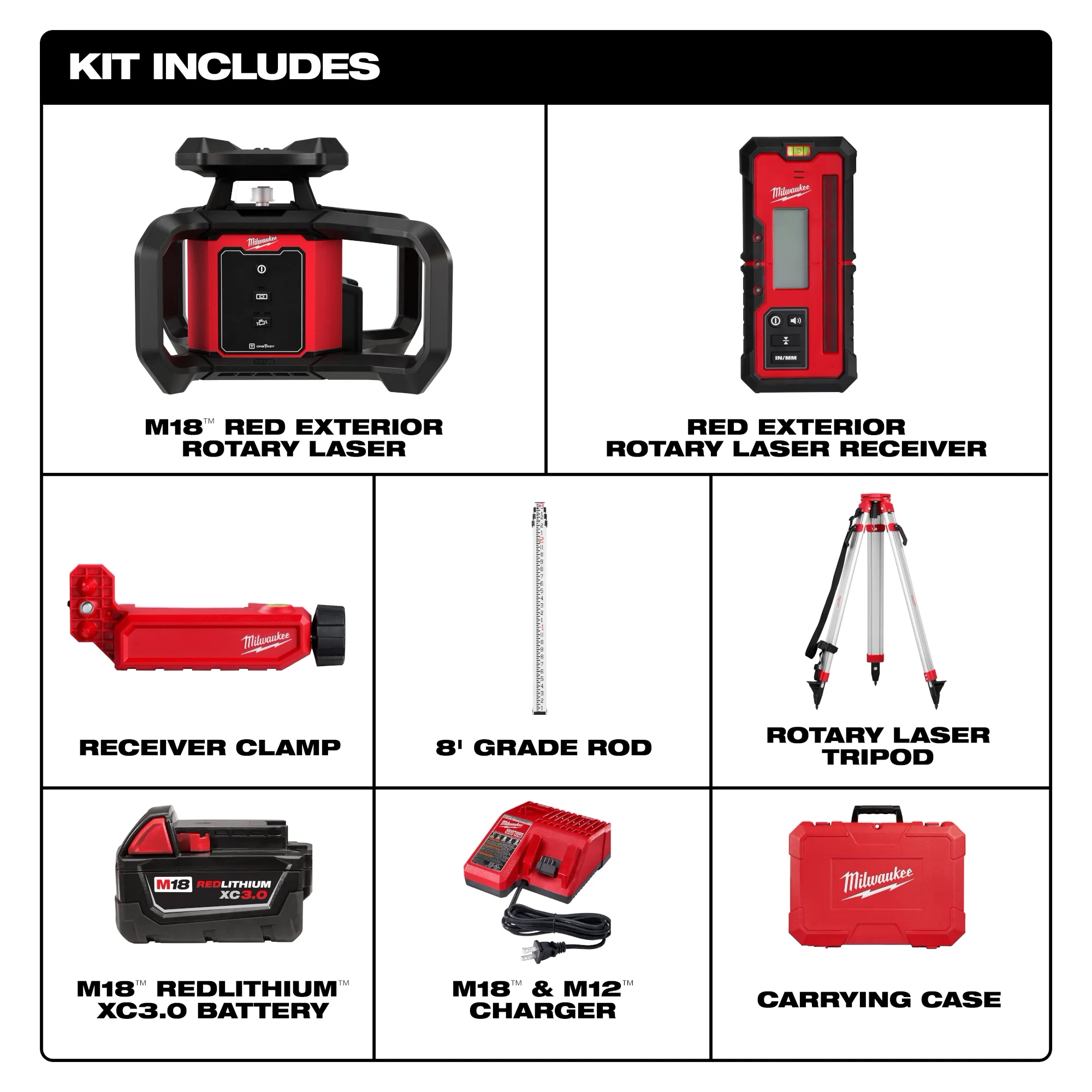 Includes a red exterior rotary laser, receiver, receiver clamp, 8' grade rod, tripod, XC3.0 battery, charger, and carrying case