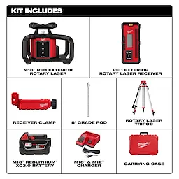 Includes a red exterior rotary laser, receiver, receiver clamp, 8' grade rod, tripod, XC3.0 battery, charger, and carrying case