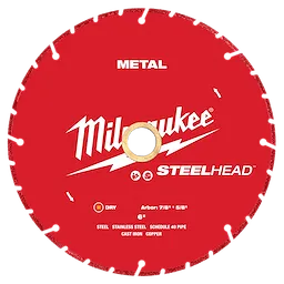The 6” STEELHEAD™ Metal Cutting Diamond Blade by Milwaukee is a red, circular blade designed for cutting metal. It features slots around the edge, a central hole for attachment, and is labeled for cutting steel, stainless steel, cast iron, copper, and schedule 40 pipe.