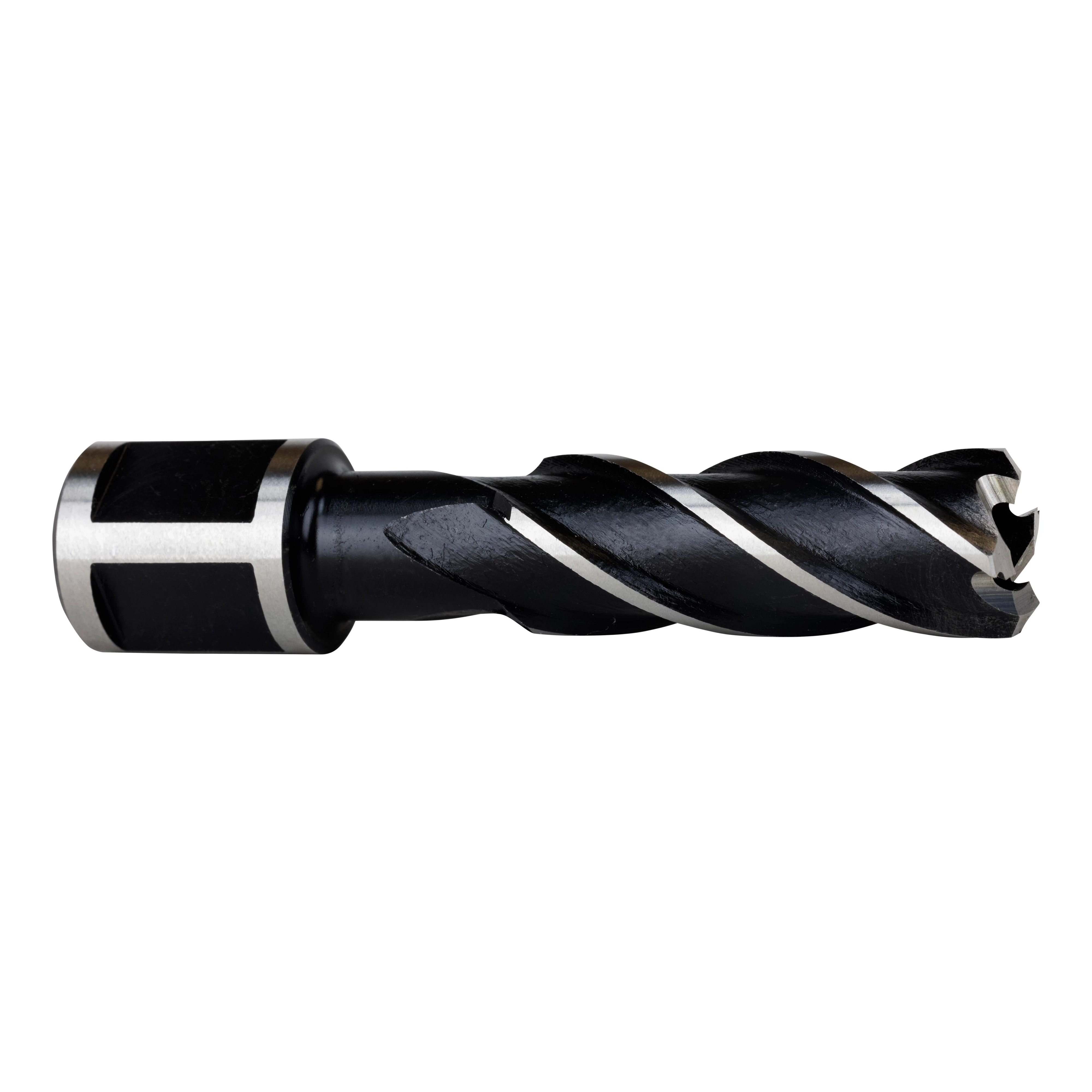 HSS Annular Cutter with a black and silver spiral design, used for drilling precise holes in metal and other materials.