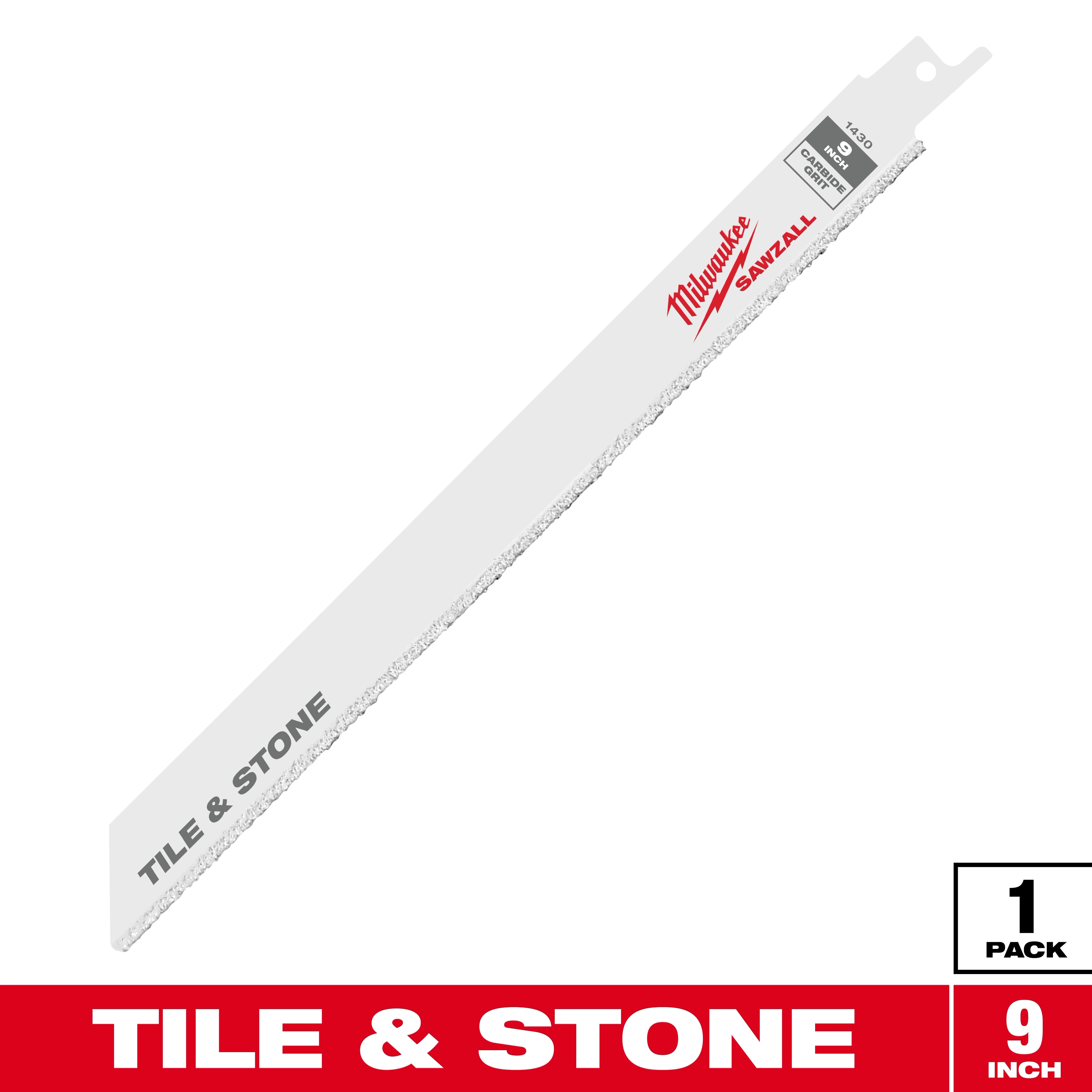 The Milwaukee Sawzall Blade is designed for cutting tile and stone. It is a 9-inch carbide grit blade, suitable for heavy-duty applications. The packaging indicates it comes in a single pack.