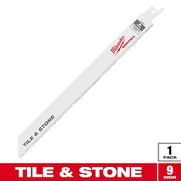 The Milwaukee Sawzall Blade is designed for cutting tile and stone. It is a 9-inch carbide grit blade, suitable for heavy-duty applications. The packaging indicates it comes in a single pack.