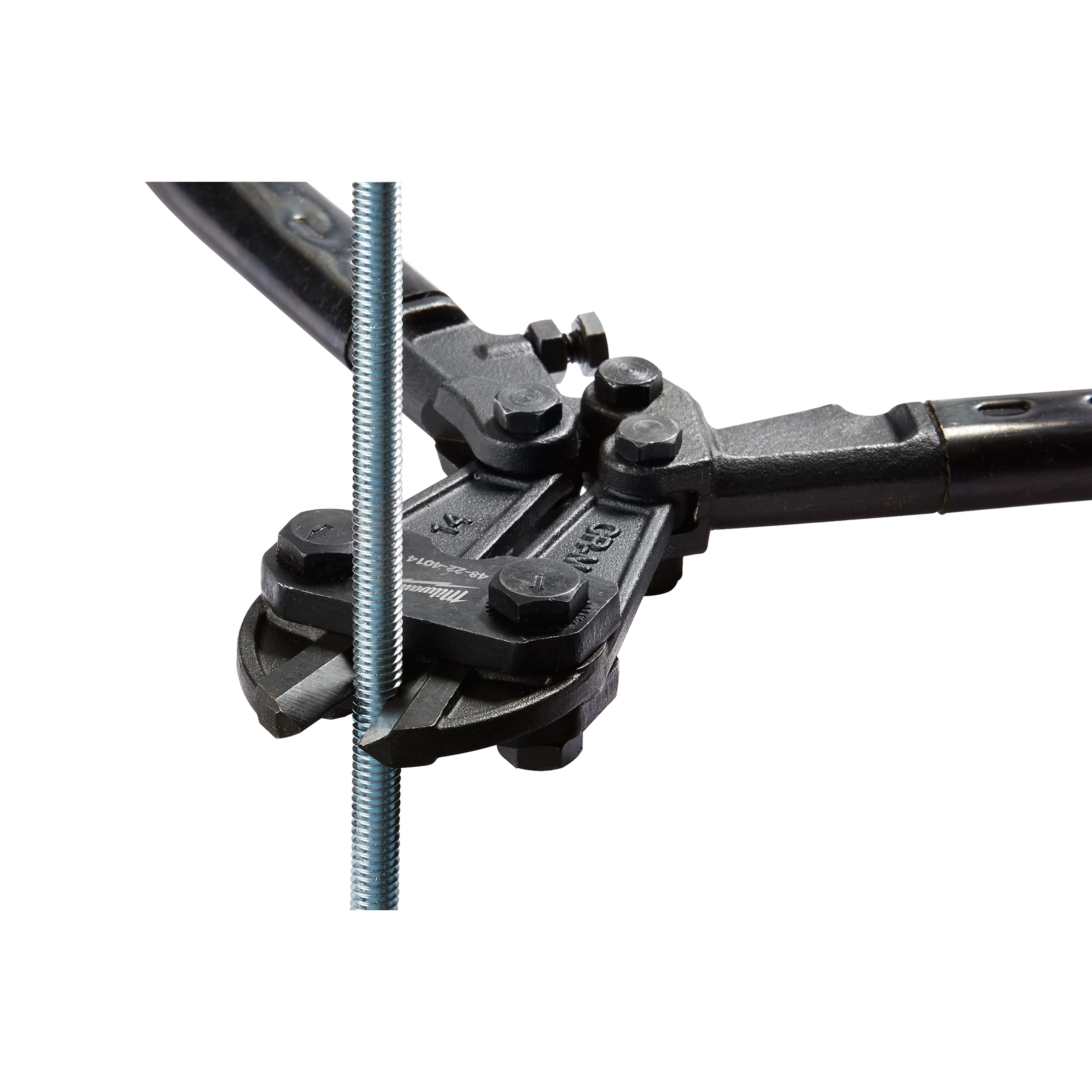 A 14" bolt cutter is shown cutting through a threaded steel rod. The image focuses on the jaws of the tool gripping the rod, highlighting the cutter's sturdy construction and effectiveness.