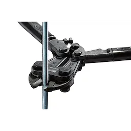 A 14" bolt cutter is shown cutting through a threaded steel rod. The image focuses on the jaws of the tool gripping the rod, highlighting the cutter's sturdy construction and effectiveness.