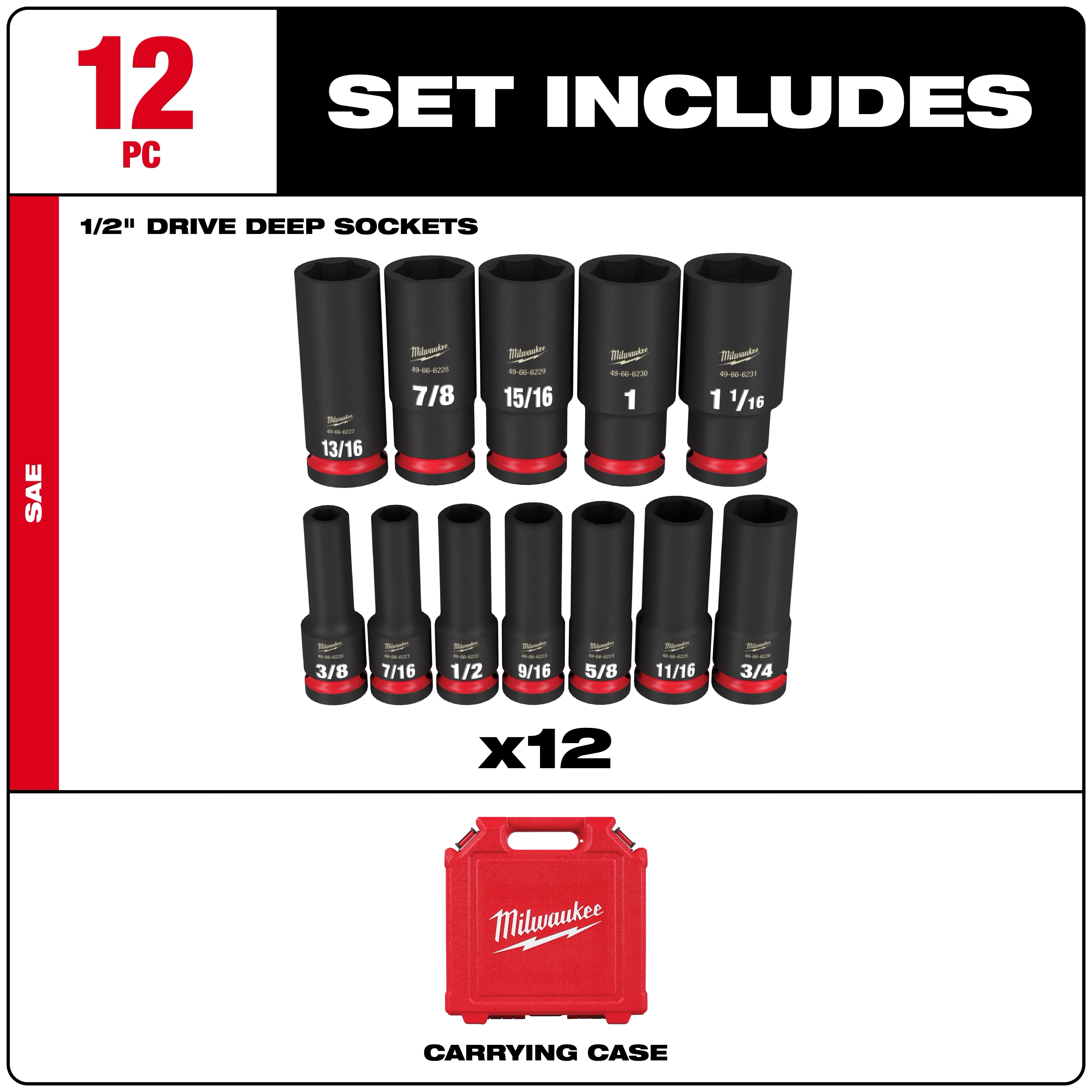 Milwaukee 12-piece 1/2" drive deep socket set includes sizes ranging from 3/8" to 1-1/16". The set also comes with a red Milwaukee carrying case.