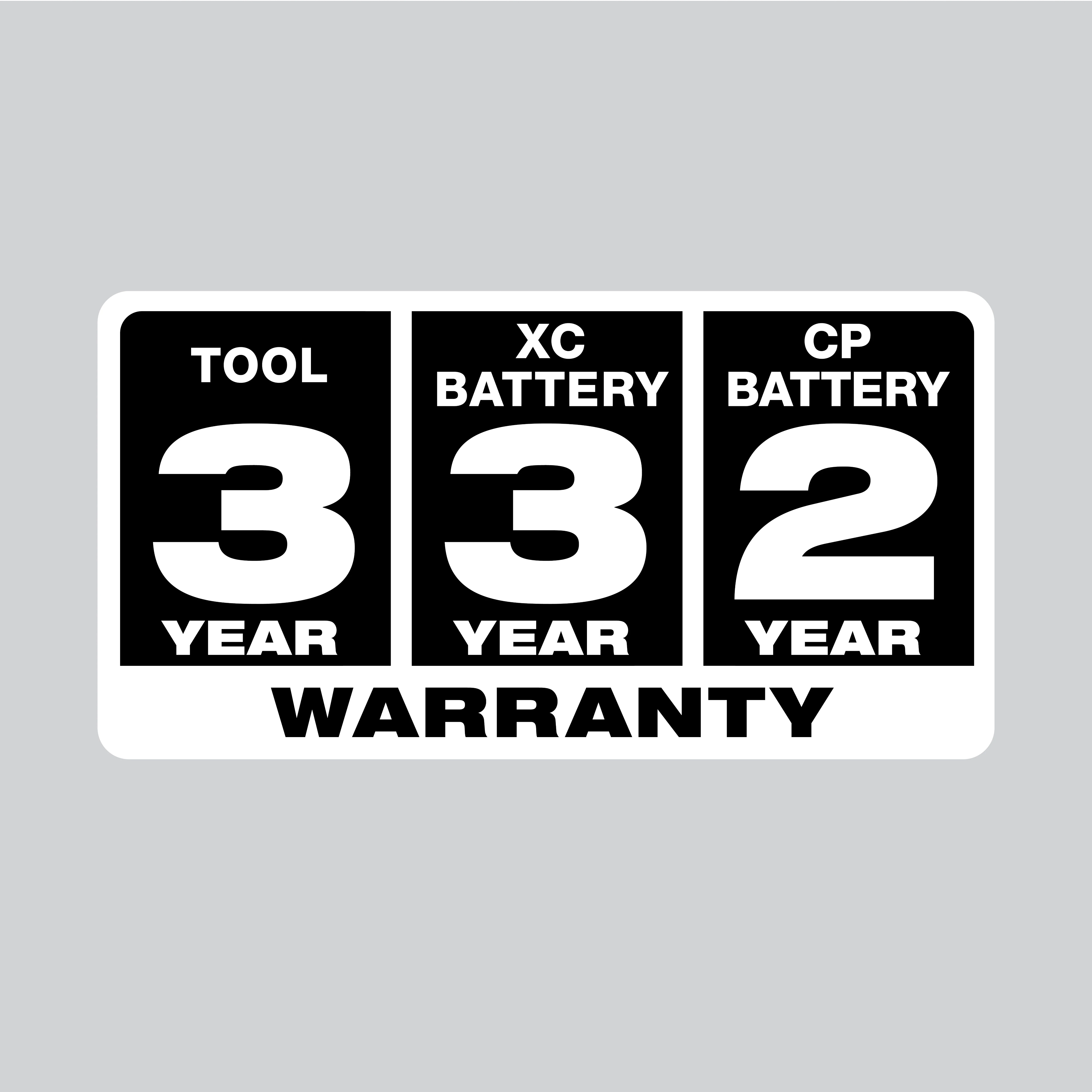 Product image displaying "3 Year Tool, 3 Year XC Battery, and 2 Year CP Battery Warranty" in black and white text.