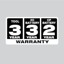 Product image displaying "3 Year Tool, 3 Year XC Battery, and 2 Year CP Battery Warranty" in black and white text.
