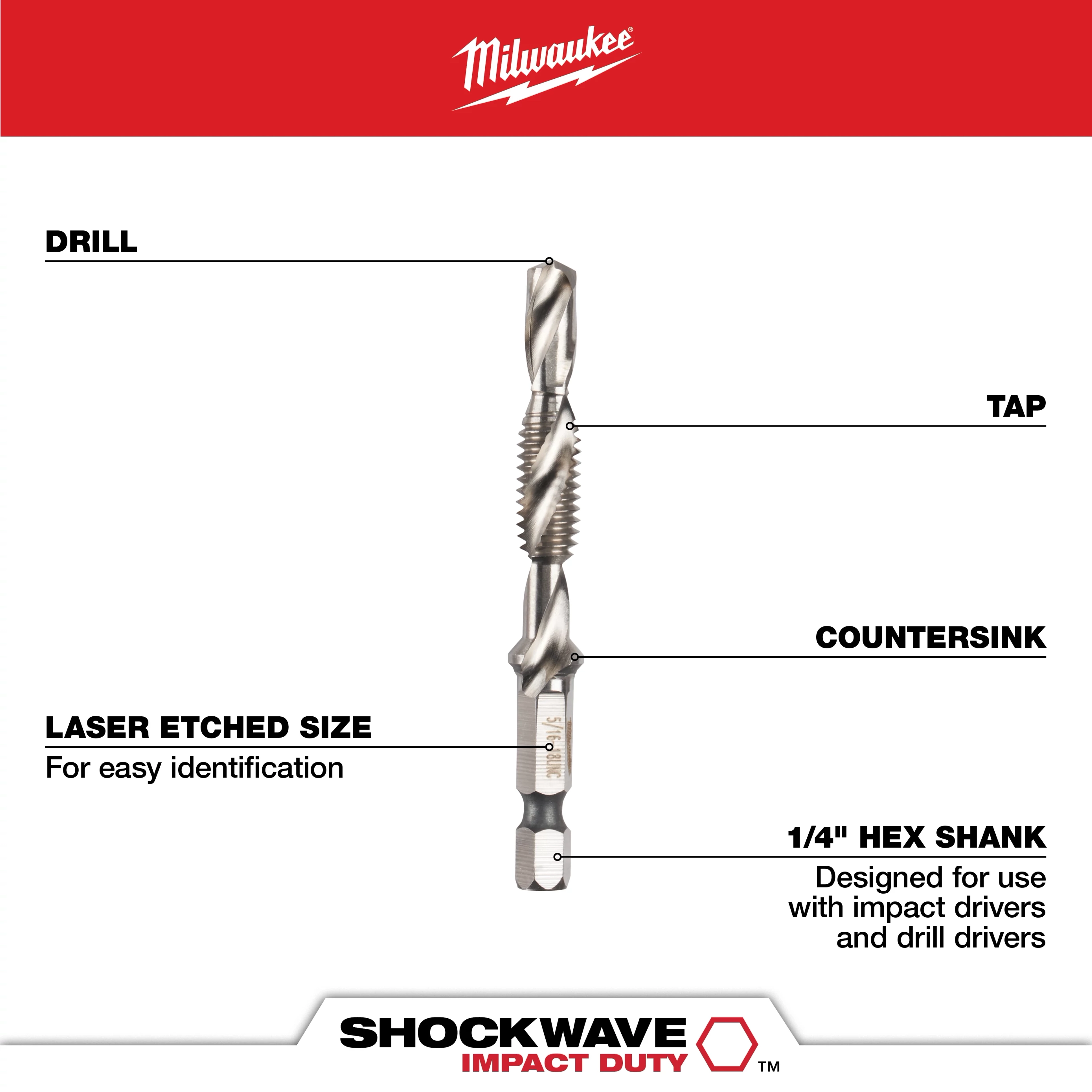 Milwaukee Shockwave Impact Duty Drill and Tap features a drill, tap, and countersink with laser-etched size markings for easy identification. It has a 1/4" hex shank designed for use with impact drivers and drill drivers. Suitable for various drilling tasks, enhancing precision and efficiency.