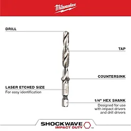 Milwaukee Shockwave Impact Duty Drill and Tap features a drill, tap, and countersink with laser-etched size markings for easy identification. It has a 1/4" hex shank designed for use with impact drivers and drill drivers. Suitable for various drilling tasks, enhancing precision and efficiency.