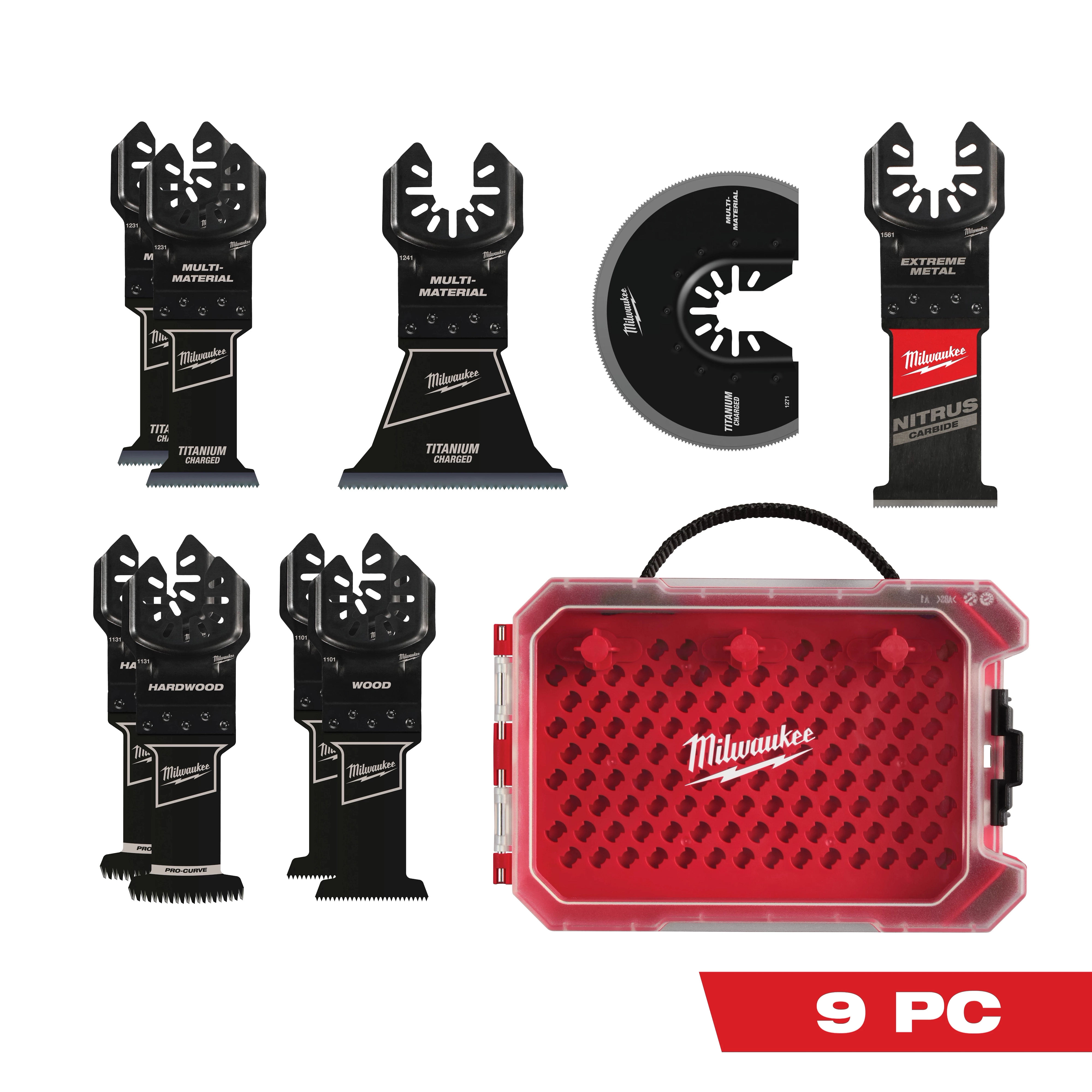 The OPEN-LOK™ 9 PC Oscillating Multi-Tool Blade Set includes various black blades marked for different materials, and a red carrying case with a clear lid.