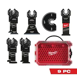 The OPEN-LOK™ 9 PC Oscillating Multi-Tool Blade Set includes various black blades marked for different materials, and a red carrying case with a clear lid.