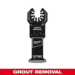 Image of a MILWAUKEE® OPEN-LOK™ DIAMOND MAX™ Diamond Grit Grout Removal Multi-Tool Plunge Blade. The black blade is designed for grout removal, featuring the Milwaukee logo and Diamond Max branding. The bottom has a grit coating. "GROUT REMOVAL" text appears at the top and bottom.