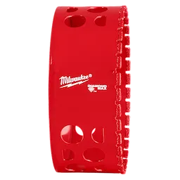 Red Milwaukee 4-1/4" Diamond Max Hole Saw with ventilation holes and a serrated, diamond-coated cutting edge for enhanced durability.