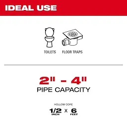 The Milwaukee plumbing tool is ideal for use with toilets and floor traps. It has a pipe capacity of 2 to 4 inches and a hollow core design measuring 1/2 inch by 6 feet.