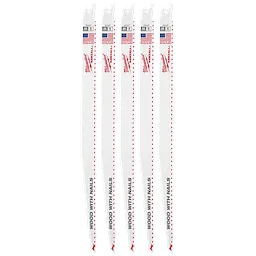12" 5 TPI Sawzall® Blades (5 Pk) designed for cutting wood with nails. Features a durable design with written text and brand logos. The blade is gray with a red tip and prominent teeth suitable for demolition work. Made in the USA label is present.