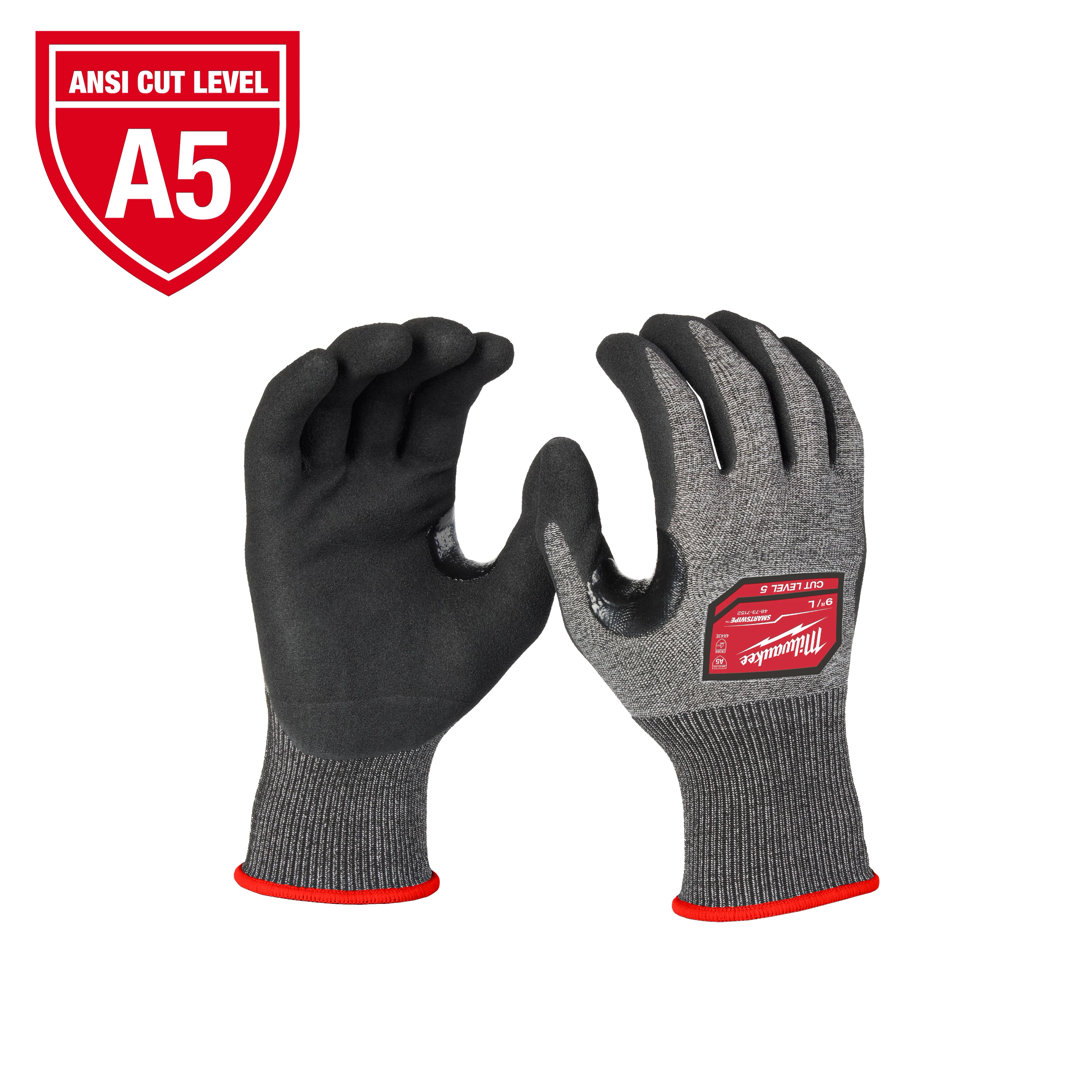 Cut Level 5 High-Dexterity Nitrile Dipped Gloves with black palms and fingers, gray backs, and a red A5 cut level label.