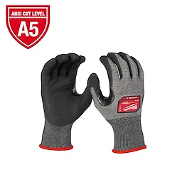 Cut Level 5 High-Dexterity Nitrile Dipped Gloves with black palms and fingers, gray backs, and a red A5 cut level label.