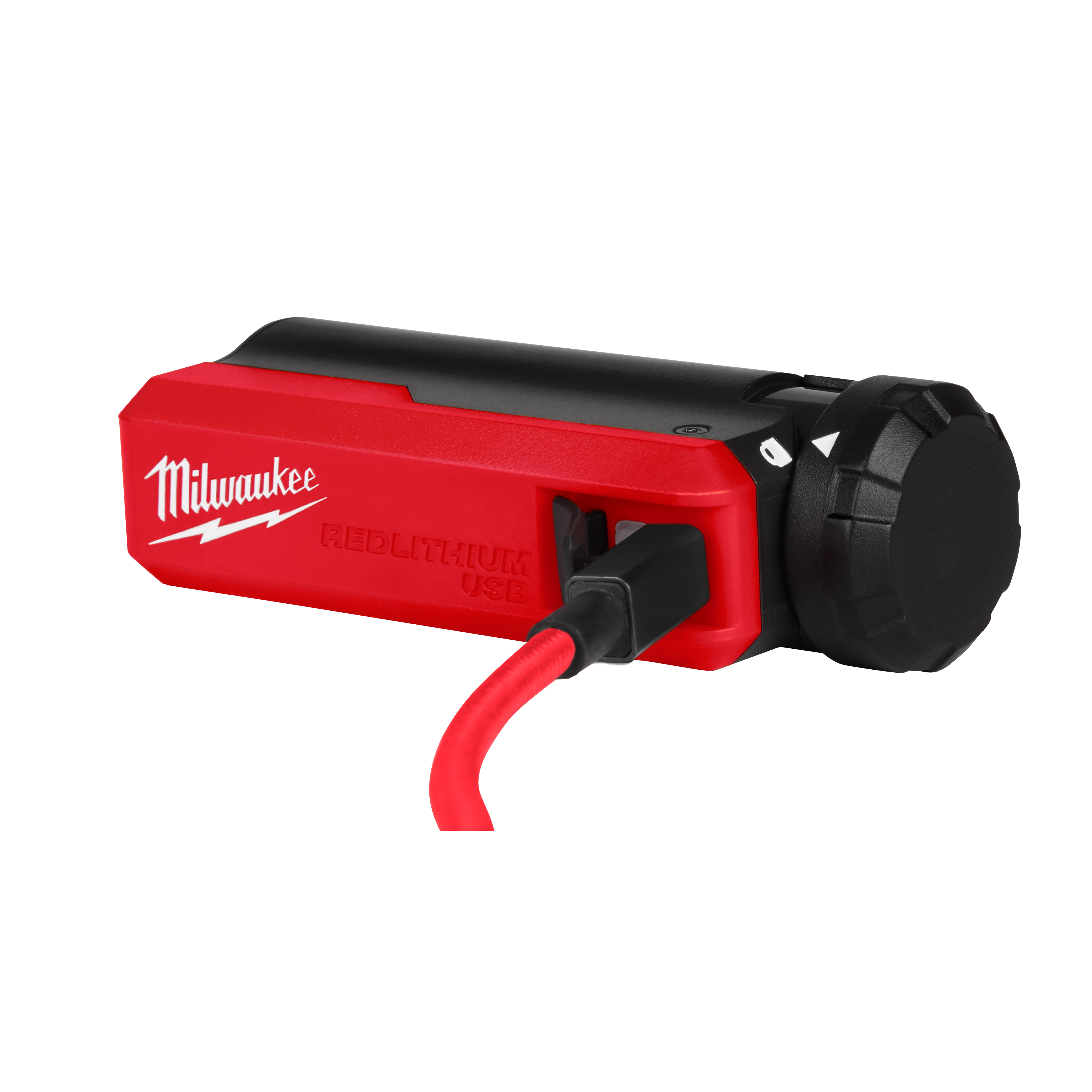 The image shows the REDLITHIUM™ USB Charger and Portable Power Source Kit by Milwaukee. The device is red and black with a USB port and a connected red USB cable, designed for charging and power supply.