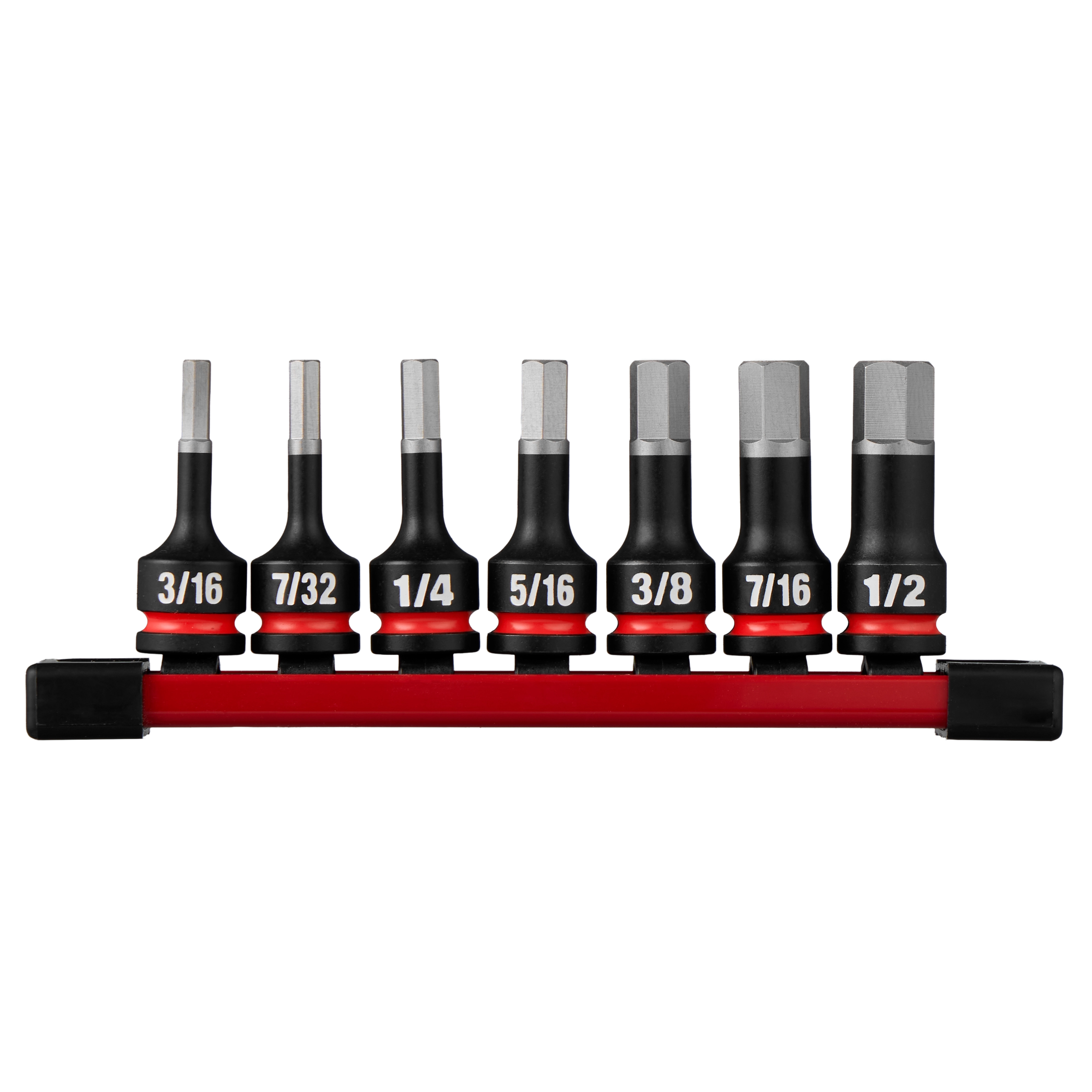 7PC SHOCKWAVE Impact Duty 3/8" Drive 2" Hex SAE Bit Socket Set arranged on a red rail in size order.