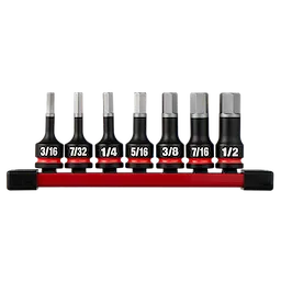 7PC SHOCKWAVE Impact Duty 3/8" Drive 2" Hex SAE Bit Socket Set arranged on a red rail in size order.