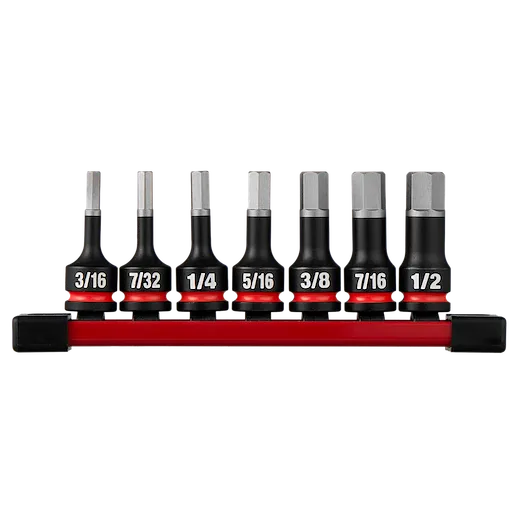 7PC SHOCKWAVE Impact Duty 3/8" Drive 2" Hex SAE Bit Socket Set arranged on a red rail in size order.