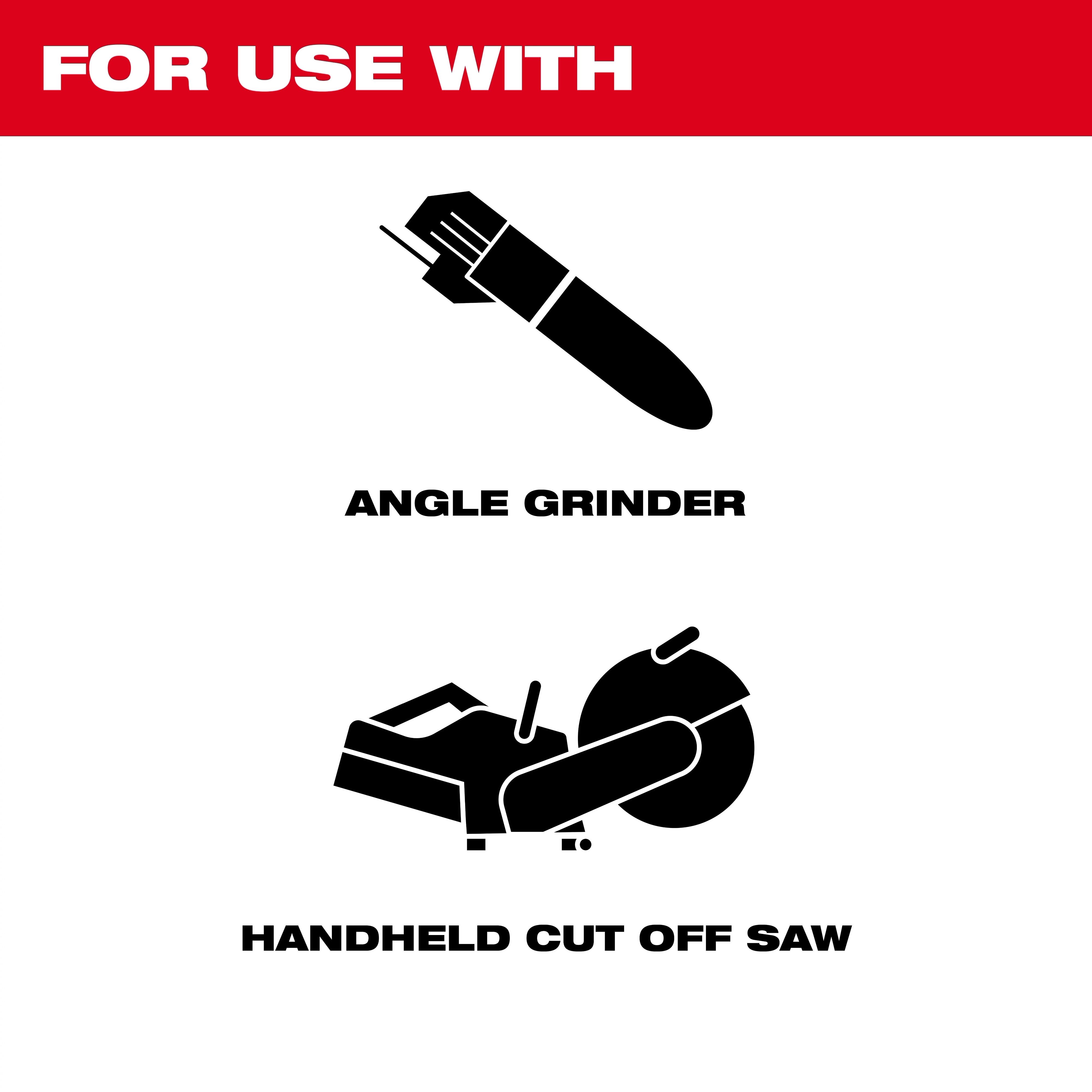 Bonded Abrasives are compatible with angle grinders and handheld cut off saws, indicated by black icons on a white background.