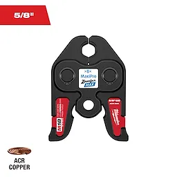 This image shows a Milwaukee M18 crimping tool head labeled as MaxiPro Zoomlock MAX for 5/8-inch ACR copper pipes. The tool is mostly black with red labels and has a circular space to crimp pipes. The image includes a copper pipe icon and text saying "ACR COPPER".