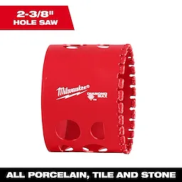 Milwaukee 2-3/8" Diamond Max Hole Saw in red, designed for cutting through all porcelain, tile, and stone materials.