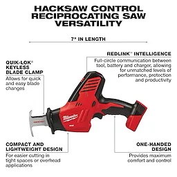 The Milwaukee M18 Cordless Lithium-Ion 4-Tool Combo Kit features a compact reciprocating saw with a QUIK-LOK keyless blade clamp, REDLINK intelligence, and a one-handed design for easy use. The saw is 7 inches long, designed for tight spaces, and provides maximum comfort and control.