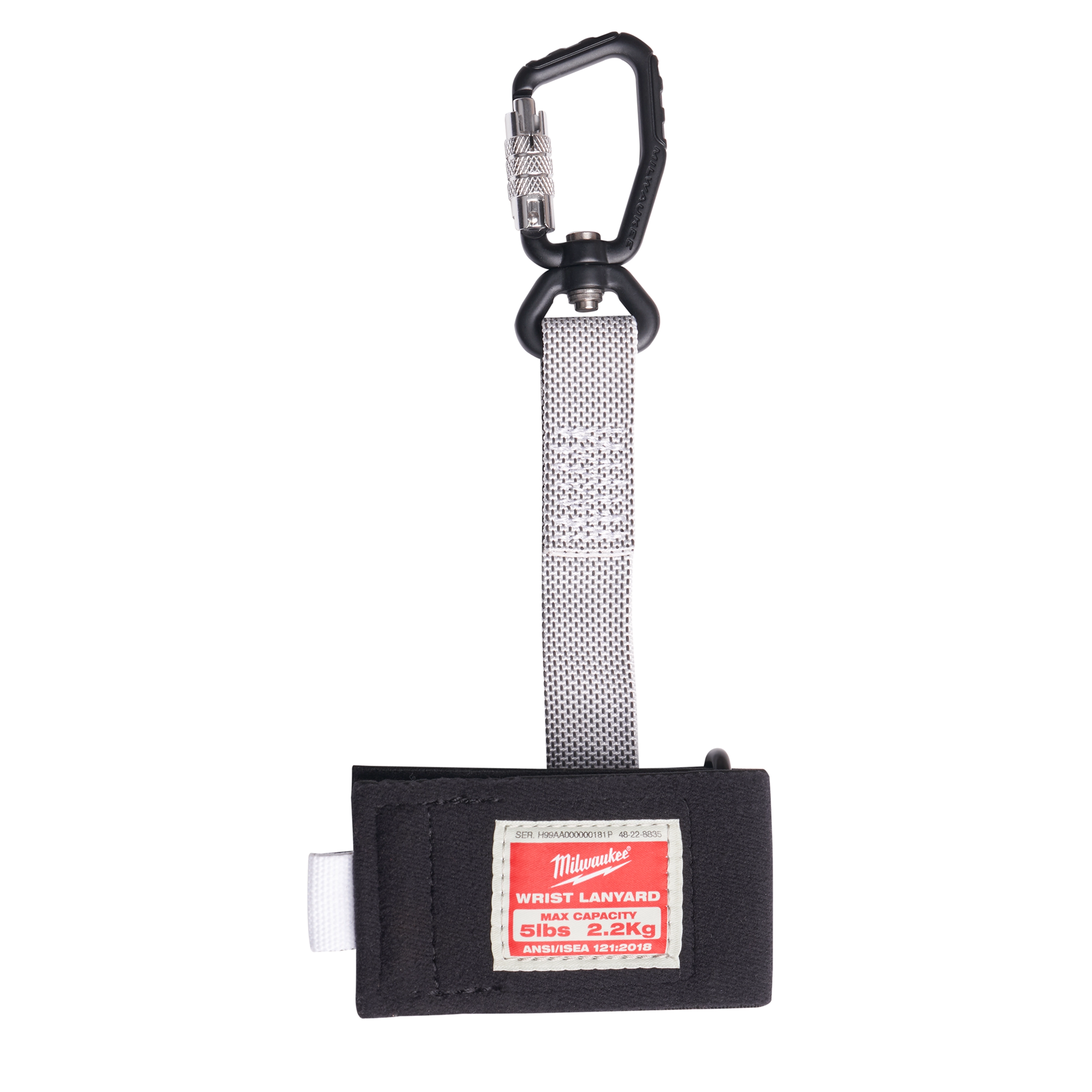 The Quick-Connect Wrist Lanyard has a black carabiner clip, a grey strap, and a black wristband with a red and white label indicating a maximum capacity of 5lbs (2.2kg).