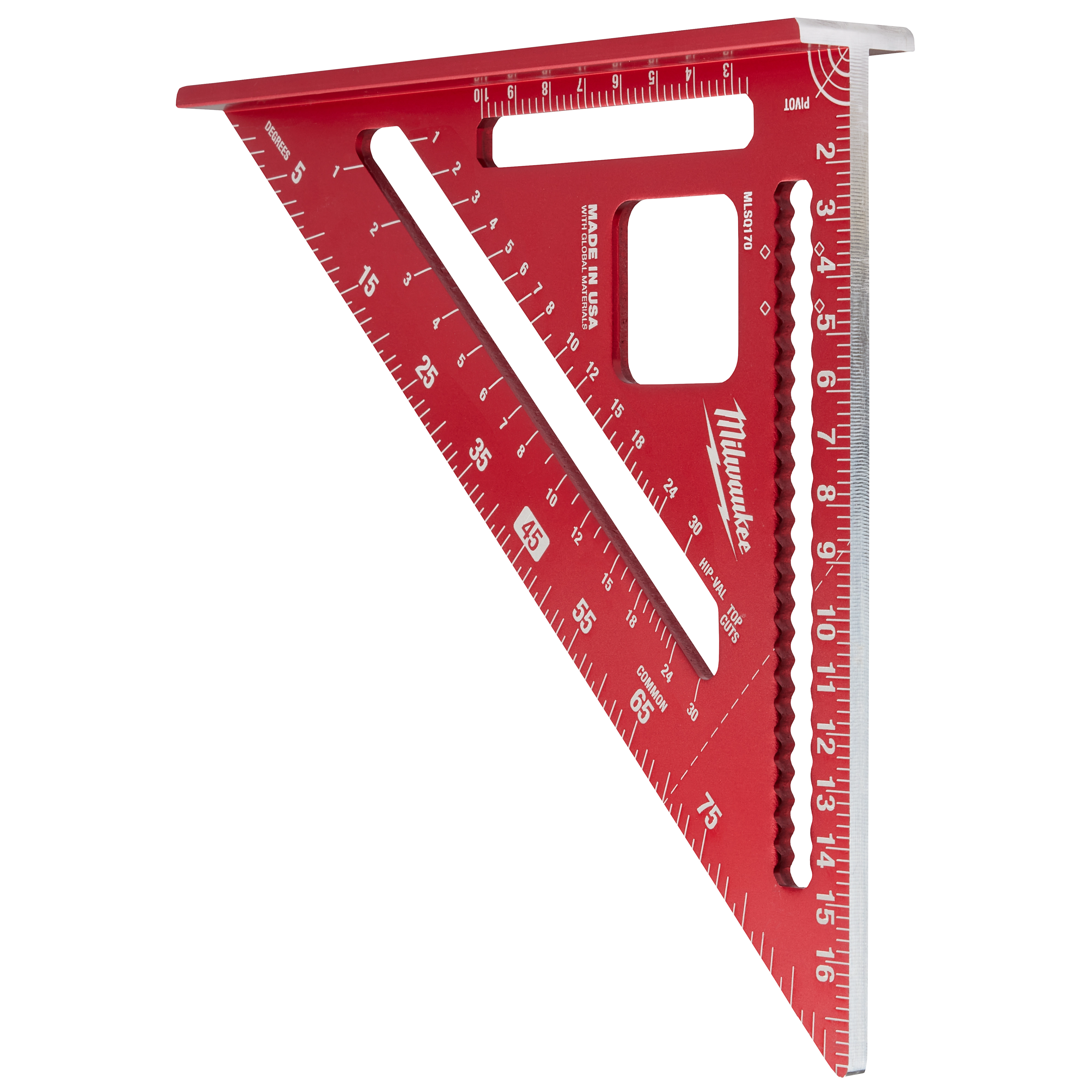 Red 180mm Rafter Square featuring measurement markings, cut-outs, and grips for precision woodworking and construction tasks.