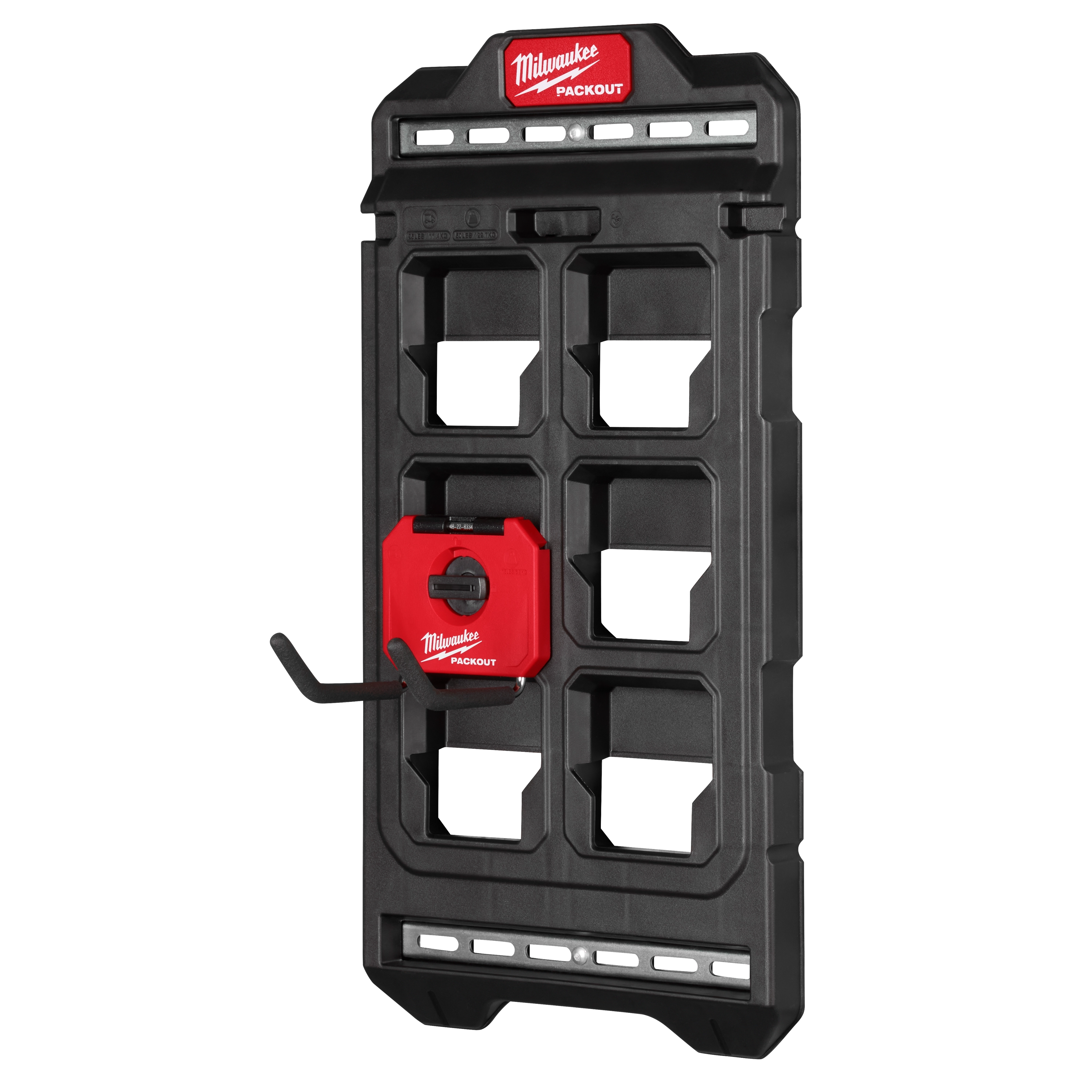 Milwaukee PACKOUT Compact Wall Plate in black with a red accent, designed for modular tool storage and mounting on walls.