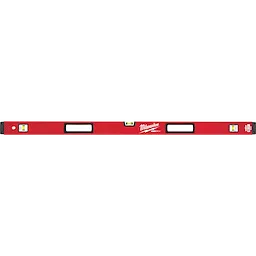 REDSTICK Level in red with three spirit vials and "Milwaukee" branding in white. The tool is designed for accurate leveling.