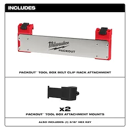 PACKOUT Tool Box Belt Clip Rack Attachment includes belt clip rack, two attachment mounts, and a 3/16" hex key.