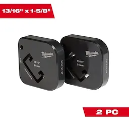 13/16" x 1-5/8" Single Strut Shearing Dies, two black die blocks with company logo, dimensions, and text marked in white.