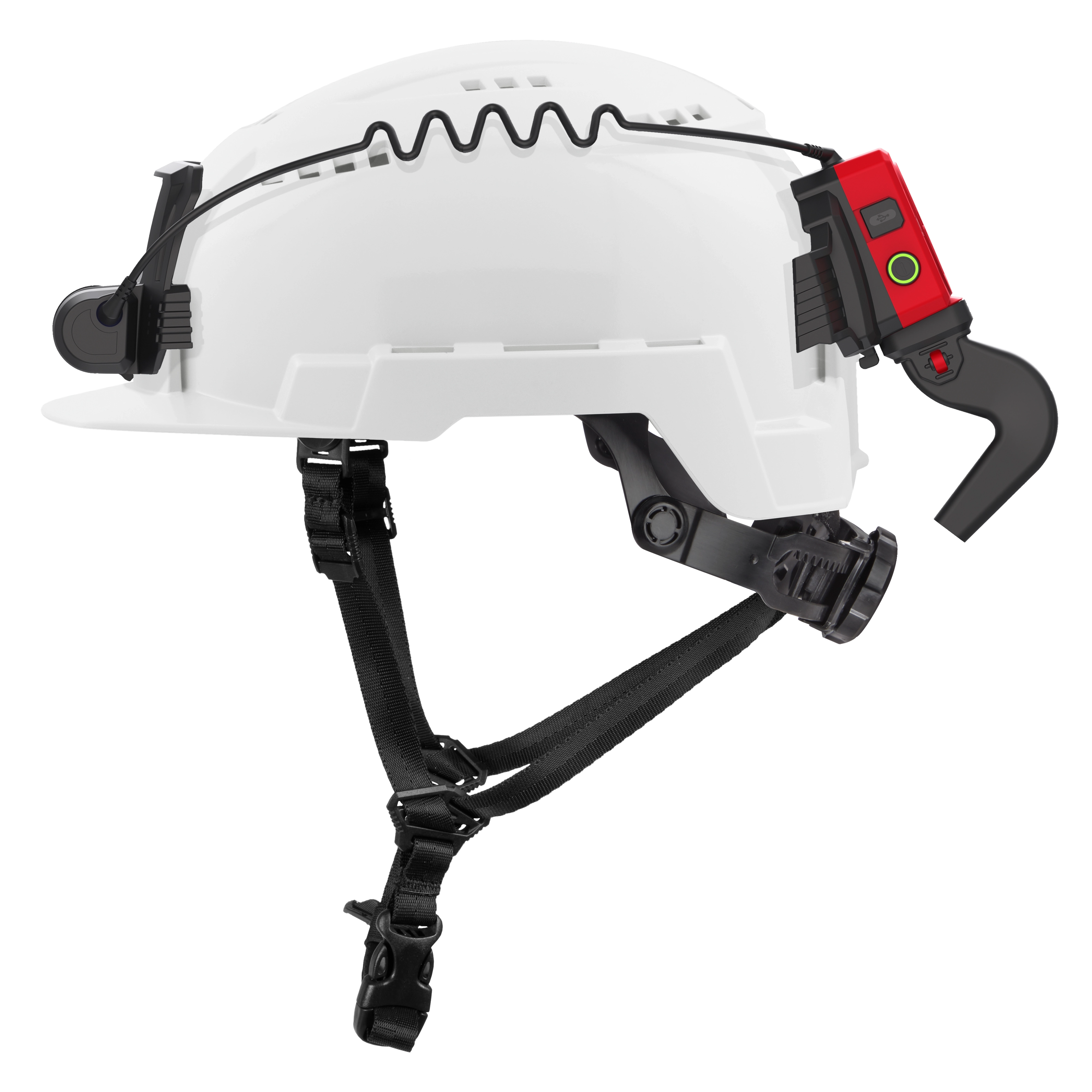 A white hard hat equipped with a BOLT™ REDLITHIUM™ USB Cooling Fan, which has a red unit featuring power buttons and attached securely to the hat. The hat includes black straps and an adjustable chin strap.