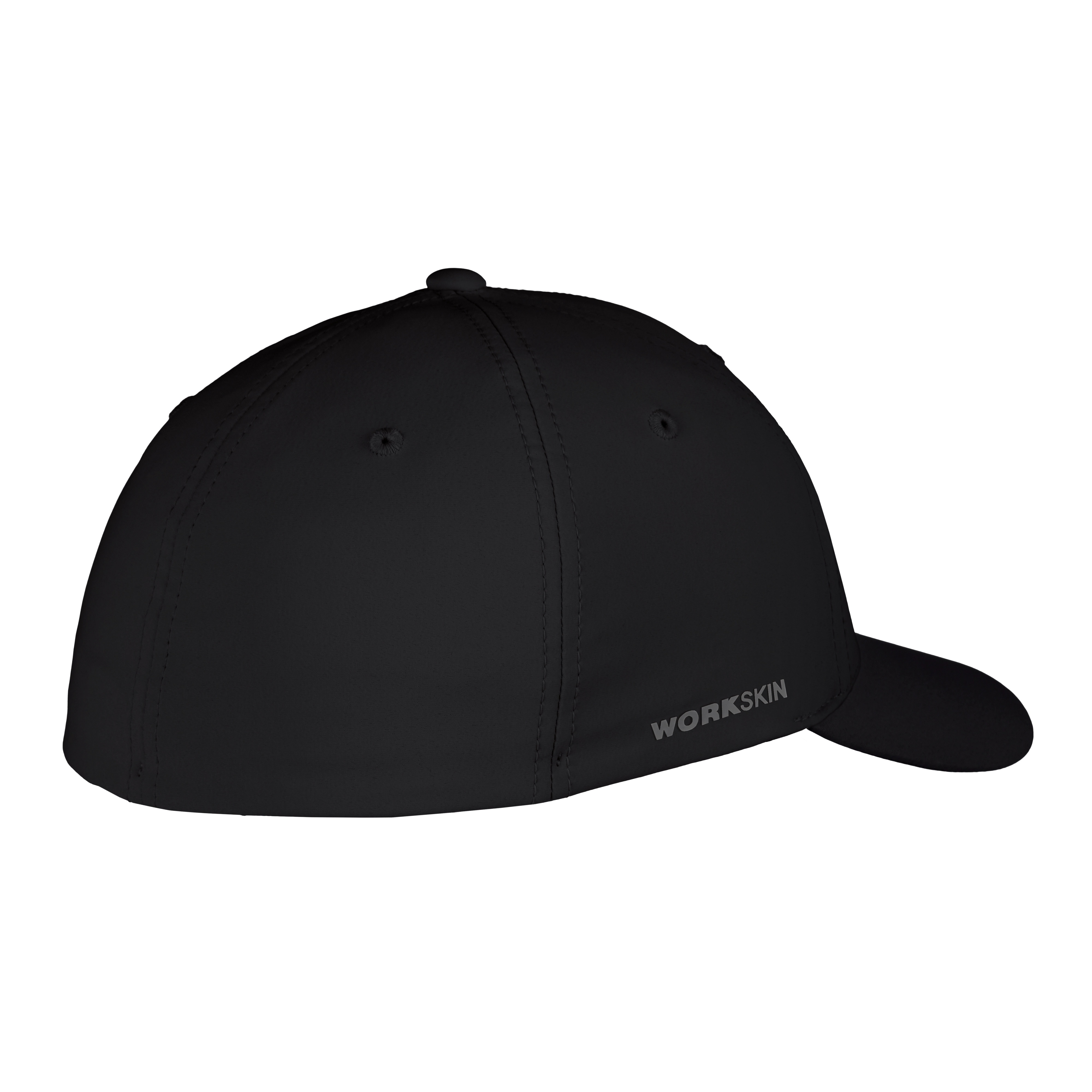 Black WORKSKIN Performance Fitted Hat with a curved brim and breathable material.